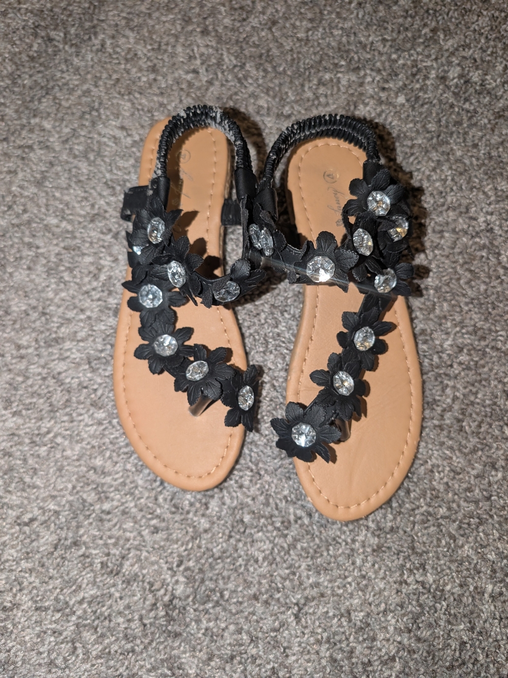 Women's Black Floral Gemstone T-Strap Sandals